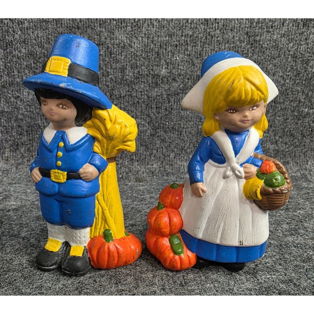Pilgrim Couple Thanksgiving Figurines Hand Painted Collectible 6in Holiday